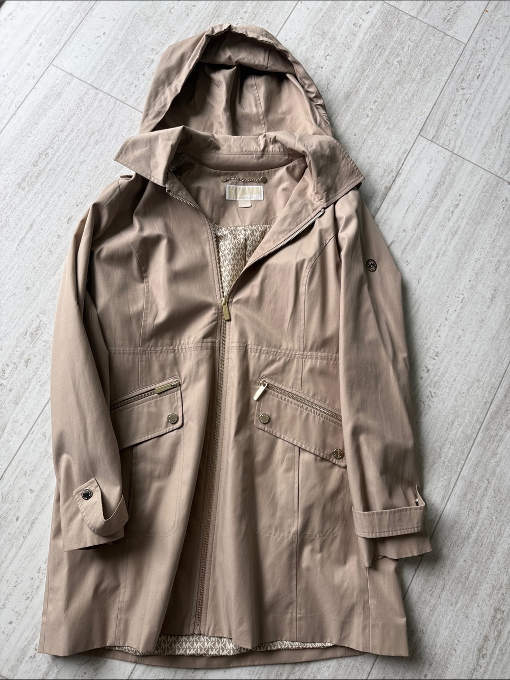Michael Kors Taupe Hooded Trench Coat